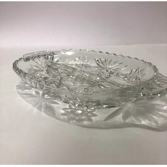 Set of 2 Identical Depression Cut Glass Divided Relish Trays Clear Oval Star - Picture 8 of 14